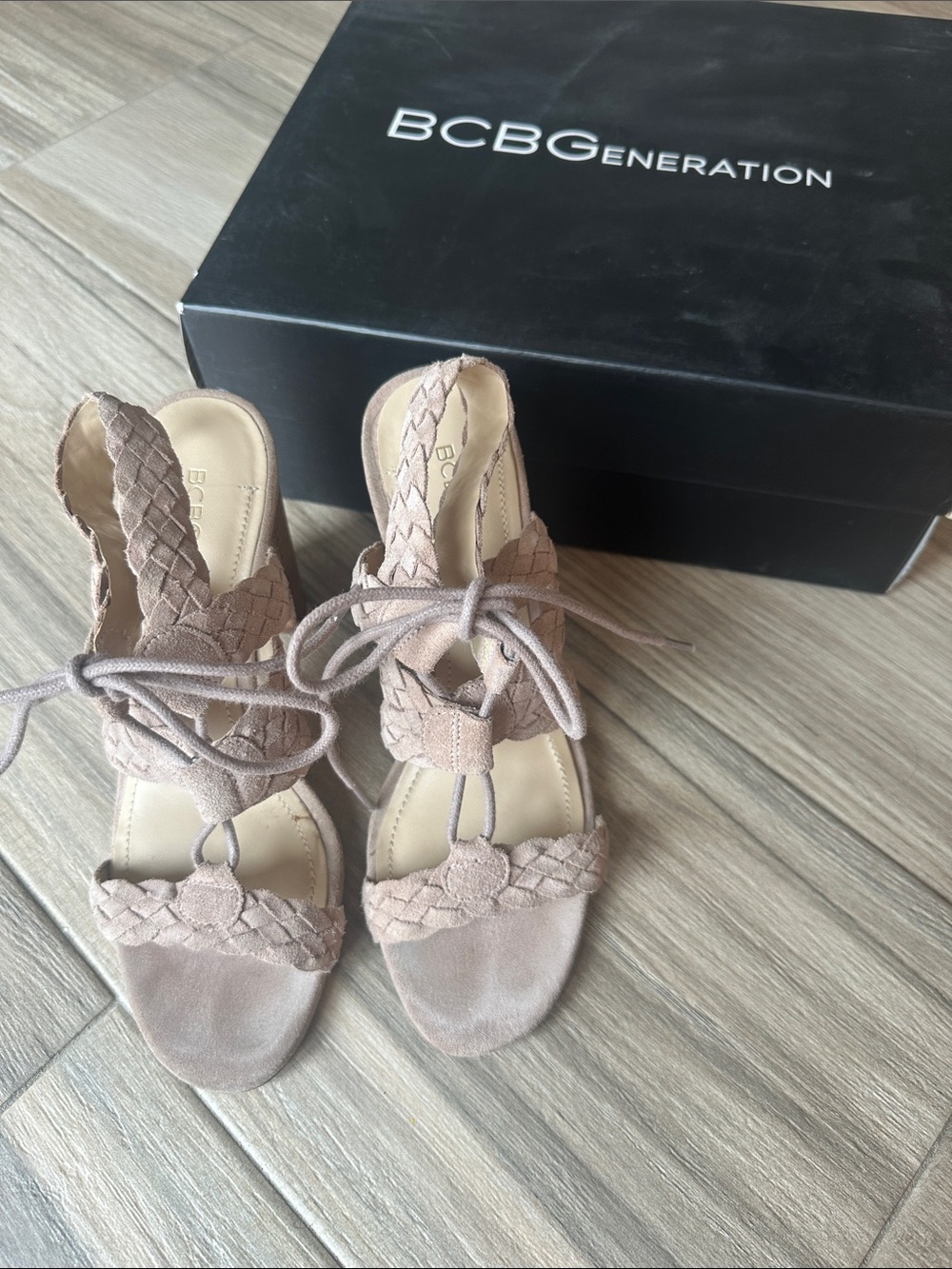 BCBGeneration Braided Lace-Up Suede Heels in Taupe
